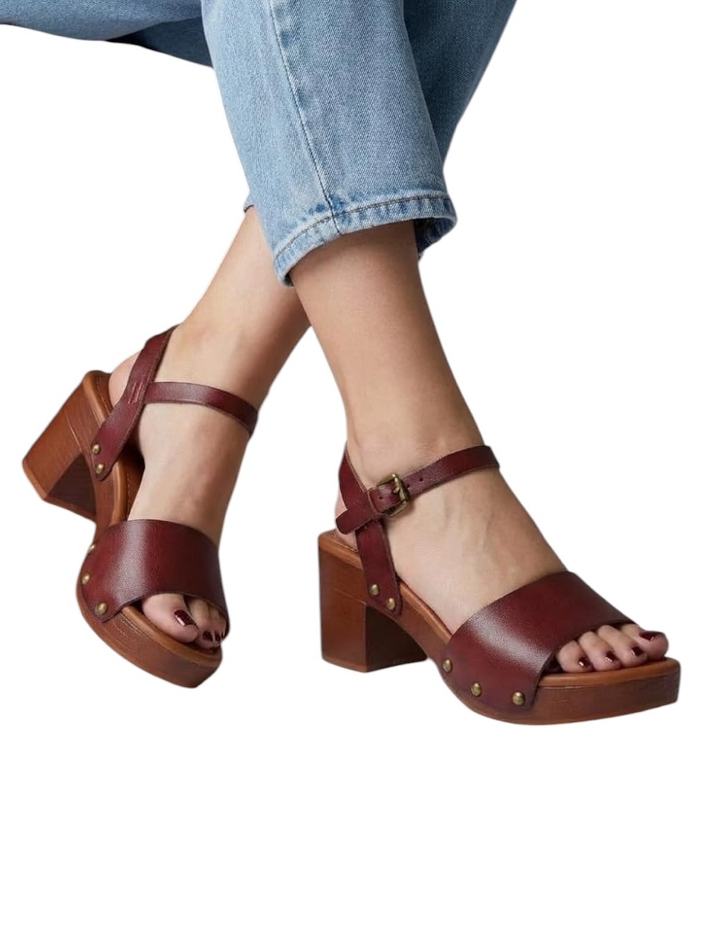 Cushionaire Leather Platform Block Heel Sandals 9 Whiskey Brown